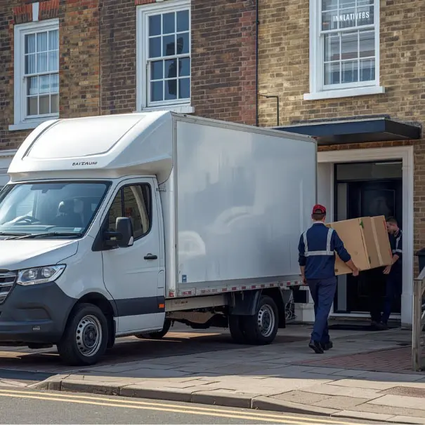 delivery staff carrying boxed furniture