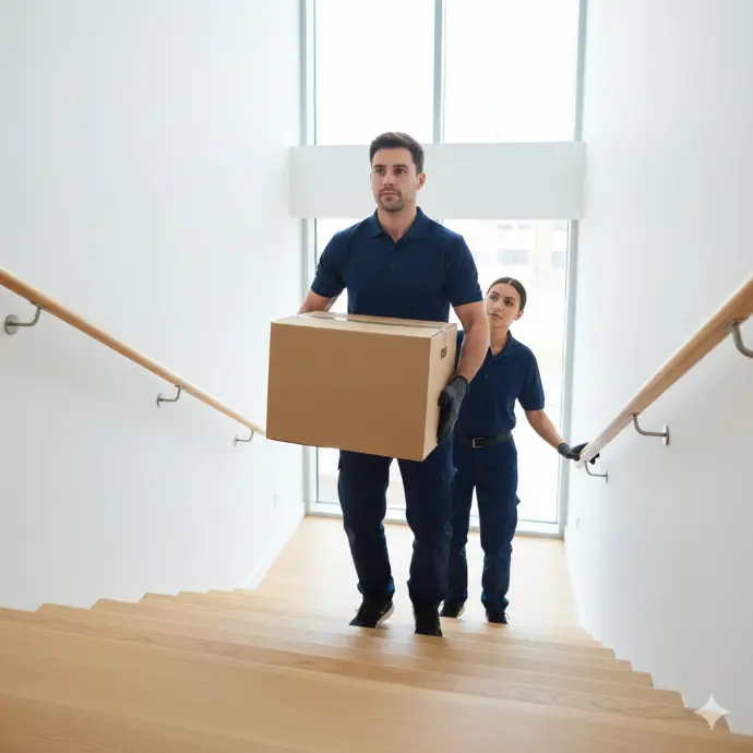 man carrying box upstairs