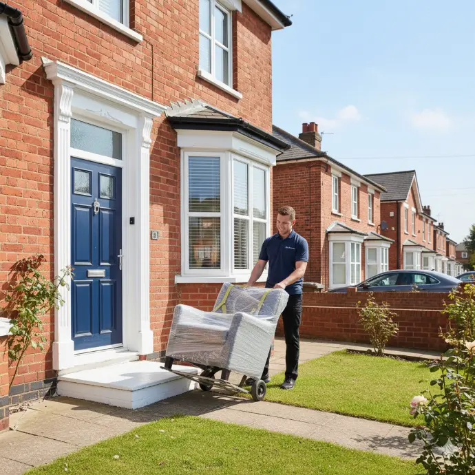 movers pushing a trolley with moving boxes